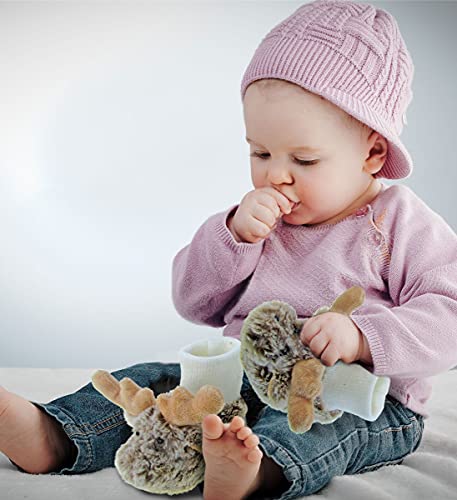 Dollibu Brown Moose Soft Plush Baby Shoes - Soft & Fluffy Wild Life Fleece Unisex Footwear With Stuffed Animal Moose For Baby Boy Or Girl - Fuzzy Indoor Slipper, Winter Foot Warmer - One Size #TOP3