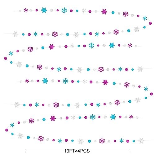 Image of 52 Ft Snowflakes Party Decorations Silver Purple Blue Glitter Paper Snowflakes Garland Streamer for Winter Wonderland Christmas Holiday Frozen Birthday Wedding Baby Shower Bridal Shower Party Supplies