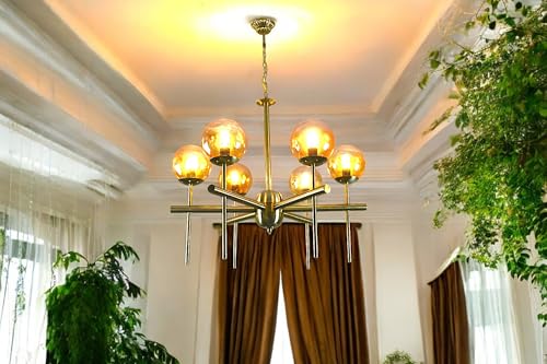 Image of Prop It Up Modern Sputnik Chandelier, 6-Light Brass Pendant Light with Amber Glass Globe Shades, Without Bulbs