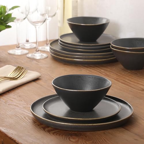 Image of Gibson Elite Coastal Forest Plates and Bowls Sets, 12-Piece Stoneware Dinnerware Sets, Triple Reactive Glaze Dish Set - Black