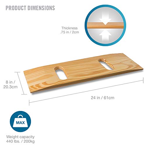DMI Transfer Board Made of Heavy-Duty Wood for Patient, Senior and Handicap Move Assist and Slide Transfers, FSA and HSA Eligible, Holds up to 440 Pounds, 2 Cut out Handle, 24 x 8 x 1