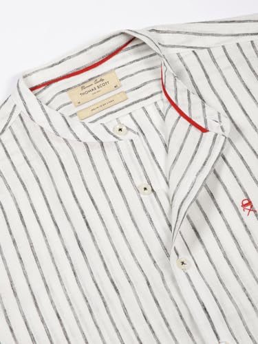 Image of Thomas Scott Men's Slim Fit Cotton Linen Casual Shirt with Mandarin Collar | Vertical Stripes | Three-Quarter Roll-Up Sleeves