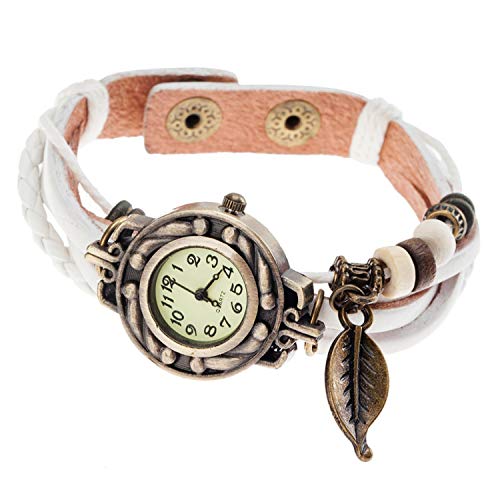 Elegant Ladies Quartz Wrist Watch With White Wrap Around Leather Bracelet, Woven Weave Band, Retro Style Beads And Leaf Charm In Bronze Colour By VAGA