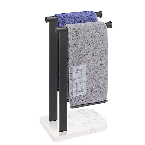 NearMoon Hand Towel Holder with Balanced Marble Base, SUS304 Stainless Steel Stand Towel Ring L Shape Hand Towel Rack Free-Standing Towel Bar for Bathroom Kitchen Countertop (Double Rod, Matte Black)