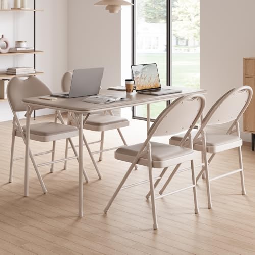 GAOMON 4 Pack Folding Card Chairs Thickened Padded PU Cushion Metal Legs and Non-Slip Feet Pads Portable Stackable Commercial Seat for Events Office Wedding Party Beige
