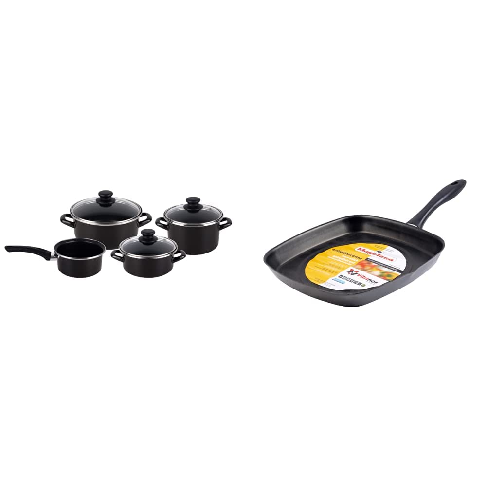 Magefesa Kenia Negra - Batería de Cocina 7 piezas, acero vitrificado exterior negro. Antiadherente bicapa Reforzado & Glass - Asador cuadrado alto 28cm de acero vitrificado exterior negro cristal