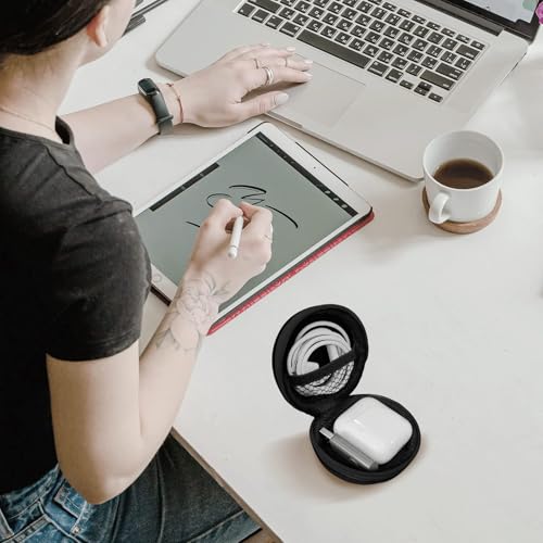 Image of Round Earbud Case Portable EVA Carrying Case Storage Bag Cell Phone Accessories Organizer with Carabiner for Earphone, Earbud, Earpieces, SD Memory Card, Camera Chips,Black