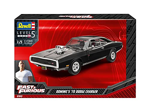 Revell 07693 Dominics 1970 Dodge Charger, Automodell 1:25 zu der bekannten Filmreihe, 21,6 cm The Fast and The Furious originalgetreuer Modellbausatz für Profis, unlackiert