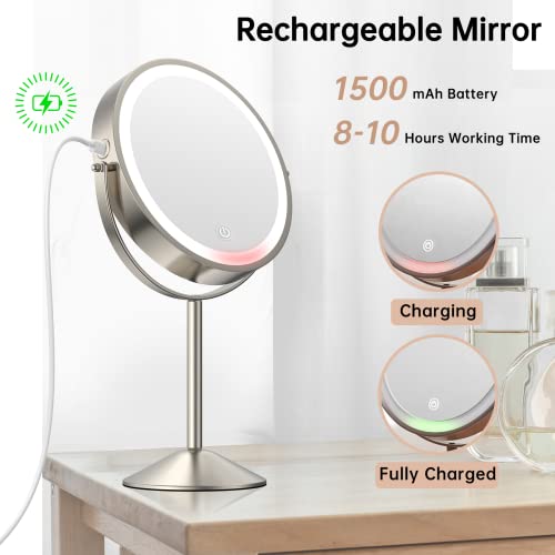 Anfauny 8" Lighted Makeup Mirror With Magnification, 1X/10X Double Sided Vanity Mirror With 3 Color Lights, Rechargeable 54 Leds Dimmable Touch Sensor & 360° Rotation Tabletop Cosmetic Mirror, Nickel #TOP4
