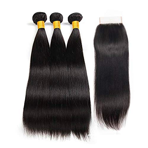LVY tissage bresilien en lot avec closure lisse 3 faisceaux de lisse cheveux naturel brésilienne avec closure bresilienne tissage bresilien boucle Double trame solide 10 12 14+10 pouce