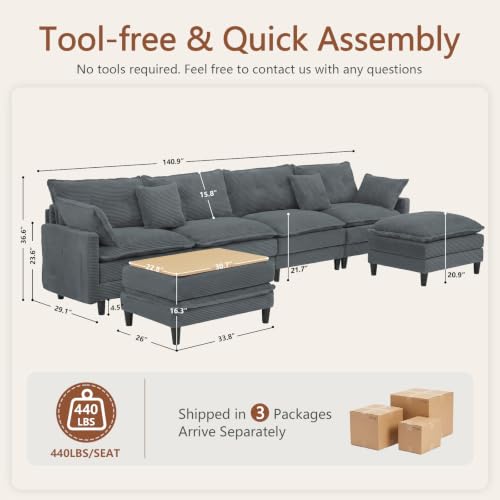 Image of 140.9 inch U-Shaped Modern Sofa Modular Sectional Cloud Couch with 2 Storage Ottoman Coffee Table, 4-Seat Corduroy Deep Seat Sofa with Throw Pillows for Living Room, Bedroom, Office, Grey