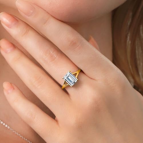 Gem Stone King 18K Yellow Gold Plated Silver Gemstone Birthstone Solitaire Engagement Ring for Women | Emerald Cut 9X7MM | Split Shank Design | Wedding Engagement Anniversary Promise Ring | Size 5-94