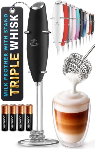 Image of Zulay Kitchen Powerful Milk Frother Wand With Duracell Batteries - Ultra Fast Handheld Drink Mixer - Electric Whisk Foam Maker for Coffee, Lattes, Cappuccino & Matcha - Triple Whisk - Black