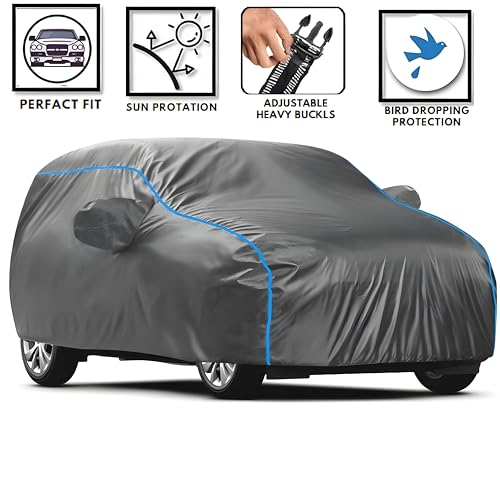 Image of Kerwa Car Body Cover Waterproof with A5, Dust & UV Resistant All-Weather Proof Full Body Cover, Grey with Blue Lining, Triple Stitched Elastic Bottom with Mirror Pocket