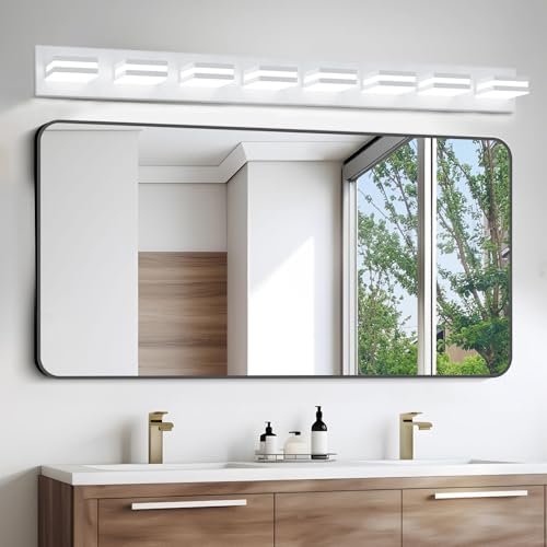 Image of IZORRO LED Modern Bathroom Lights Fixtures(8-Light,Dimmable,360Rotate),Matte White Acrylic Wall Lighting,Vanity Lights for Bathroom Over Mirror - 6000k 48In （No Assembly Required）