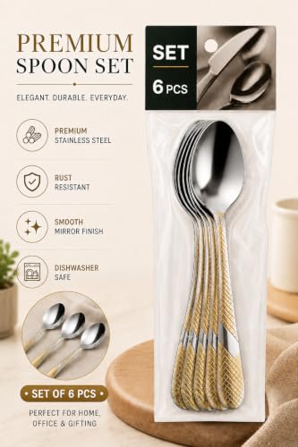 Image of Golden Coffee Spoon (Pack of 6) 15 cm Long Premium Golden Finish Stainless Steel Luxury Tea & Coffee Spoons Dessert, Soup, Daily Use Elegant Gold Tableware with Modern (Silver)