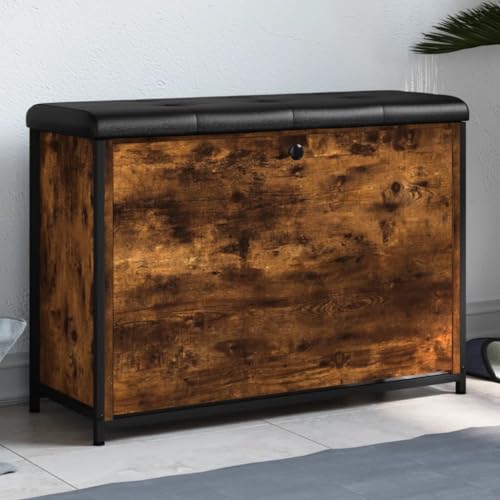 IKAYAA Banco para Zapatos, Organizador para Zapatos, Puff Caja, Banco, Estantería para Zapatos, Zapatos de Entrada con Puerta Plegable, Divisor Interior Ajustable, 82 x 32 x 56 cm Roble Ahumado
