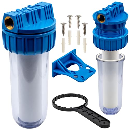 Filtro de agua 1/2' con cartucho reemplazable – 8 bar – para bomba de jardín, hogar e industria – kit completo con soporte y llave