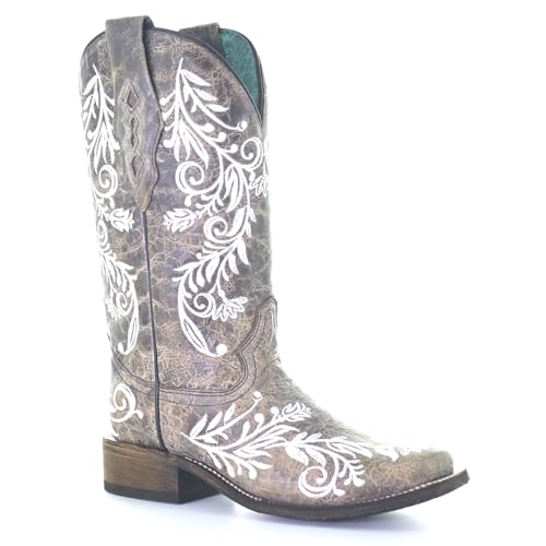 CORRAL LADIE'S BROWN/WHITE EMBROIDERY SQ. TOE - GLOW COLLECTION, LEATHER SOLE, WESTERN A40632