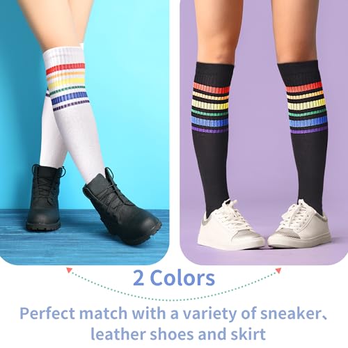 Girls Socks, 2 Pairs Girls Knee High Socks Rainbow Colorful Striped Thigh Highs Socks for Girls Kids Aged 1-163