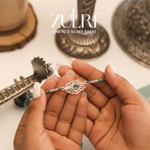 Image of 92.5 Sterling Silver Peacock Feather with Stone Thread Rakhi For Rakshabandhan | Rakhi With Fragrance Greeting Card & Roli Chawal and Silver Certificate of Authenticity