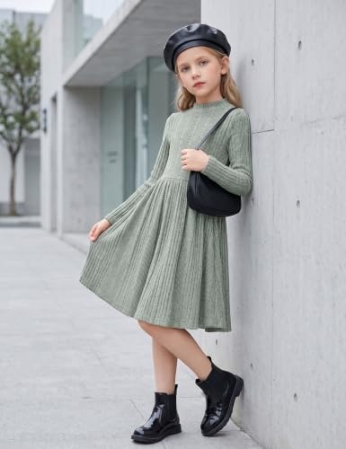 Image of Arshiner Girls Dresses Long Sleeve A Line Knit Sweater Dress with Pockets