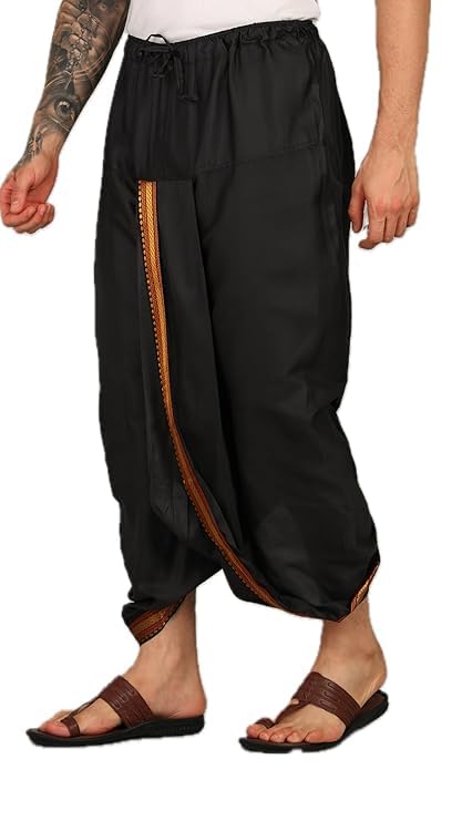 Men’s Readymade Panchakacham Dhoti Pant Ready to Wear Golden Zari Border Elastic Drawsting Waist Panjakejam For Men Free Size-image-34