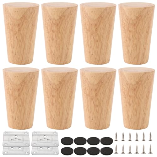 AKOLAFE 8 Stück Möbelfüße Rund 8cm Kallax Füße Holz Möbelbeine Eiche Mit Montageplatte Und Schrauben Robuste Tischbeine Schwerlaste Schrankfüße Für Sofa, Bett, Stuhl, Tisch