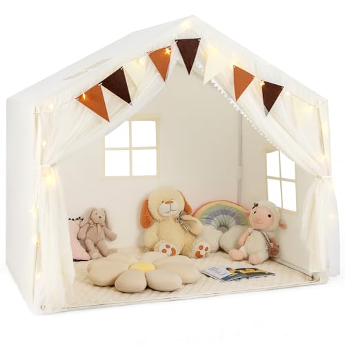 INFANS Kids Play Tent, Large Size Playhouse with Washable Cotton Mat Star Light Windows Plaid Pennants, 57.5” x 38” x 52.5”, Indoor Outdoor Princess Tents Castle for Toddlers Age 3+ Years Old