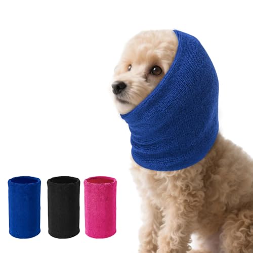 Dog Ear Muffs Noise Protection, Dog Calming Hoodie Cat Anxiety Relief Ear Wrap, Double Layer Thickened Soft Elastic Neck Head Cover Noise Cancelling for Grooming,Force Drying,Fireworks (Blue, Small)