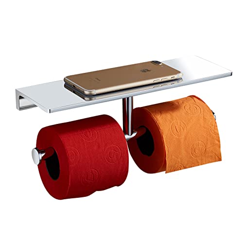Sanliv Toilet Paper Holders,Chrome Double Toilet Paper Roll Holder with Shelf,Wall Mounted Brass Toilet Tissue Dispenser for Home and Hotel Bathrooms