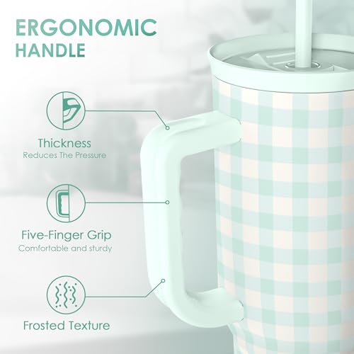Image of SANDJEST Mint Gingham 40oz Slider Tumbler with Handle and Straw - Insulated Stainless Steel Travel Coffee Mug for Women Girls, Gift for Birthday, Christmas