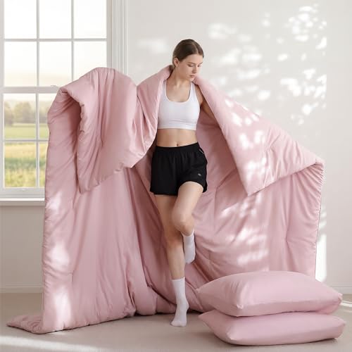 Image of weigelia Super-Soft Micorfiber Comforter Set - King Size Pink Lightweight Warmth Comforter for All Season Use, Machine Washable Pink Bedding Set (1 Comforter, 2 Pillowcases)