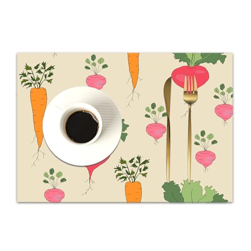 DASNK 4 Manteles Individuales de Mesa Lavable Antimanchas Antideslizante Resistente Al Calor PVC Vinilo Salvamanteles,Patrón con rábano, Zanahoria y Remolacha sobre Fondo de Lino,30x45cm