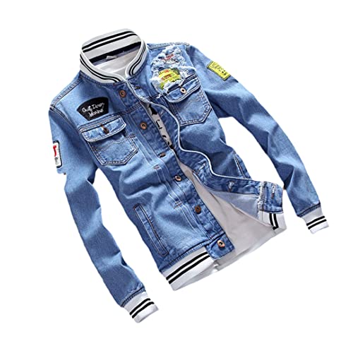 Mens Streetwear Loose Jean Coats Zipper Denim Jacket Spring Casual Stand Collar Pilot Jackets Blue XL