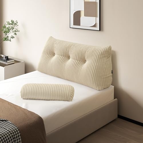 Z-hom Cojín para Libros, cuña, cojín de Lectura para Cama y sofá, cojín de Espalda, práctico Compartimento Lateral, Cubierta extraíble, con Almohada Redonda (Crema, 100 * 50 * 20cm)