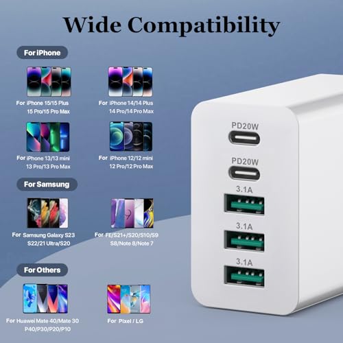 USB C Ladegerät 50W, 5 Ports Mehrfach Stecker mit【2 USB-C und 3 USB-A】, 50W USB-A Netzteil Wand-Ladegerät, Fast Charge PD 3.0 Power Adapter Kompatibel mit iPhone 12/13/14/15/16/Samsung/Handys/Tablets