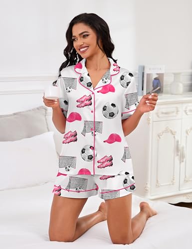 Image of SHESHOW Pajamas for Women Set Satin Button Down Short Sleeve Top and Shorts Pjs Sets Sport Ball Print Sleepwear XS-XXL