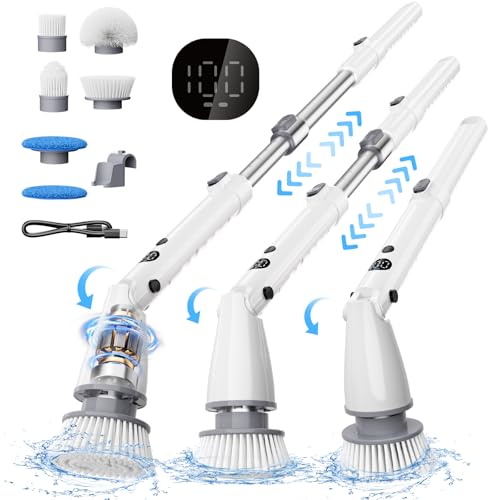 Electric Spin Scrubber with 440RPM/90Mins Runtime, 6 Brush Heads, 2 Speeds, White