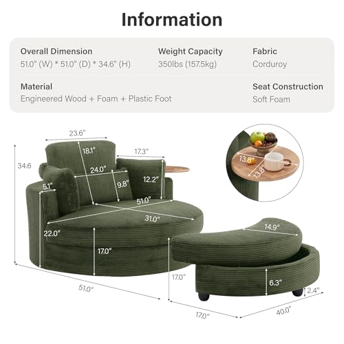 Oversized 360° Swivel Barrel Chair with Storage Ottoman & Rotatable Tray Table, Modern Elegant 51’’ Corduroy Accent Chair with Cresent-Shaped Ottoman, Extra Wide & Deep Seat, Sage Green - Image 3
