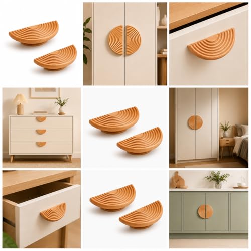 Image of Heavy Duty Steam Beech Wood Door Handles for Main Door, Cabinet, Wardrobe, Drawer | Semi-Circle Wooden Pull Push Handle Set Hardware for Home & Office - Pack of 1 (Full, 4 inch x 4 inch)
