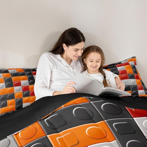 Image of Feelyou Building Blocks Brick Comforter Set King Size Bedding | Toddler Duvet Set Room Decor 3Pcs Orange Black Warm Cozy Breathable Lightweight All Season