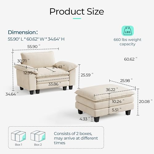 Image of LINSY HOME Modern Beige Corduroy Sofa Chaise, 55.9 inch W x 60.6 inch L x 34.6 inch H, Wood Frame & Legs, Soft & Comfortable, Includes Ottoman