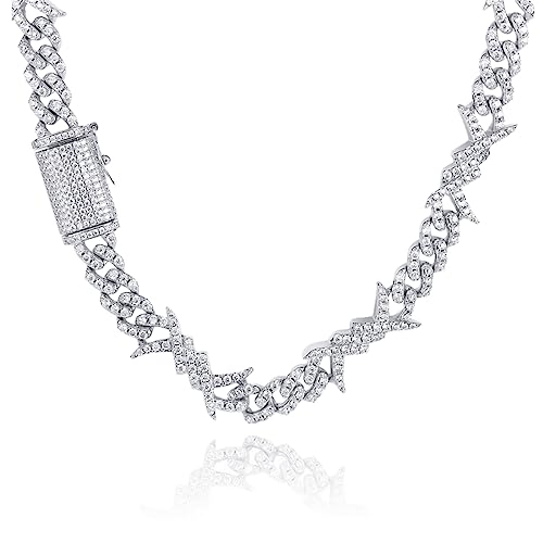 Icediamond Iced Out Thorns Barbwire Creative Charm Cuban Chain Necklace, 18K Gold Plated Full Drill Shine Cz Simulated Diamond Hip Hop Cool Trend Jewelry For Men Women (18'', White) #TOP11