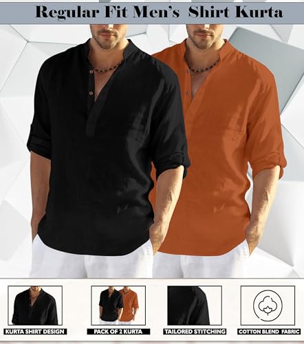 Image of Zombom Men's Combo Cotton Polyester Blend Solid Full Sleeve Straight Regular Fit Mandarin /Chinese Collor Kurta (Pack of 2)