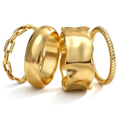 Morfetto 4Pcs Imperméable Bague Femme Or Lot de Bagues Empilables Plaqué Or 14K Bagues Pouce Fine Épais Bague Fiançailles Femme Alliance Mariage Promesse...