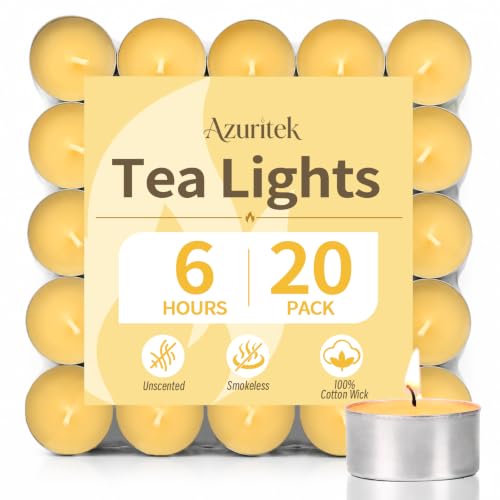Azuritek 20 PCS Beeswax Tealight Candles 100% Beeswax Tea Lights Candles with 6H Burn Time Paraffin Free Pure Natural Organic Unscented Tealights for Party Dinner and Table Decorations Centrepiece