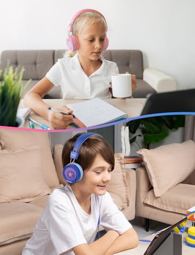 Image of New Bee 2 Pack Kids Headphones with Microphone, 85dB /94dB Safe Volume Limited Childrens Headset, Foldable Wired Toddler Headphones Over Ear for School Travel Mac /Android /Kindle /Tablet /Pad Blue Pink