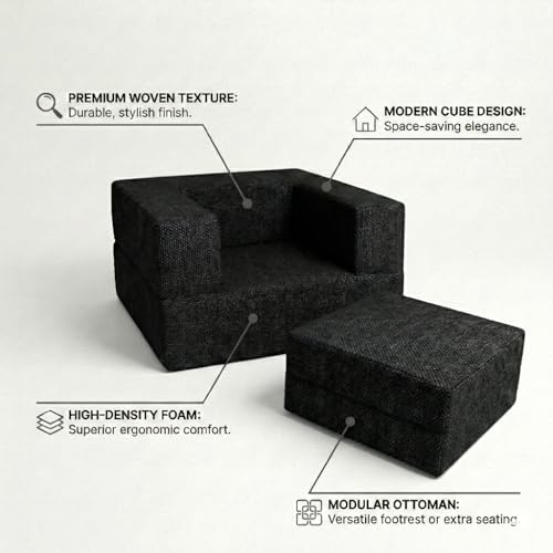 Image of C-Type Sofa Bed 3x6 Ft with Pouffe - Jute Fabric Convertible Floor Sofa Cum Bed with Wide Arm Support for Living Room & Guest Room - Black Color