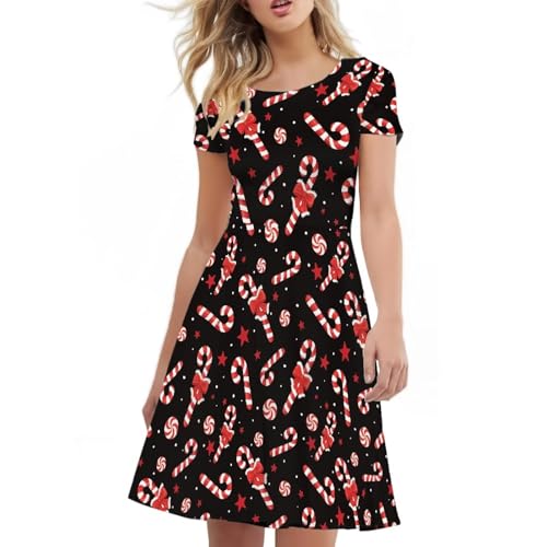Image of Forchrinse Christmas Candy Cane Dress for Women Plus Size Round Neck Midi Dresses Causal Short Sleeve Swing Flared A Line Sundress Holiday Party Clothing